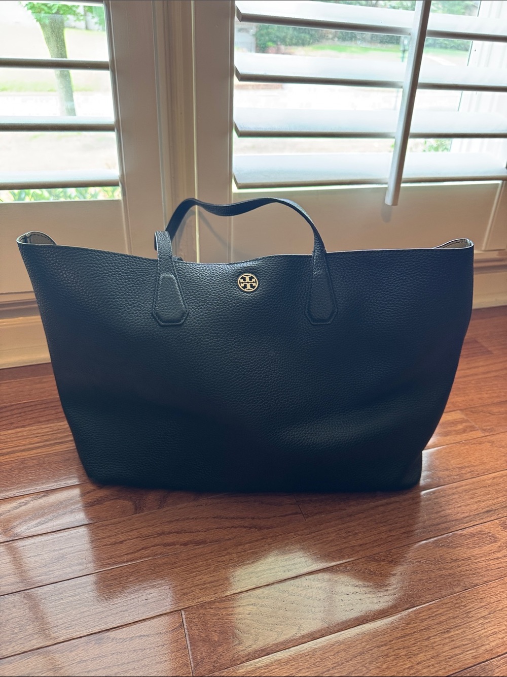 Tory Burch black Pebbled Leather Tote with Gold Logo